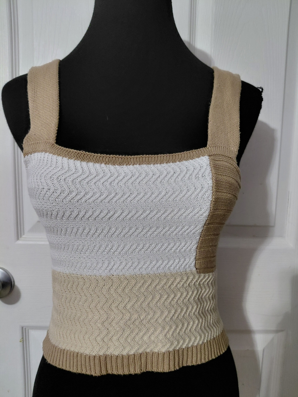 Knit Colorblock Square-Neck Tank Top in White and Beige